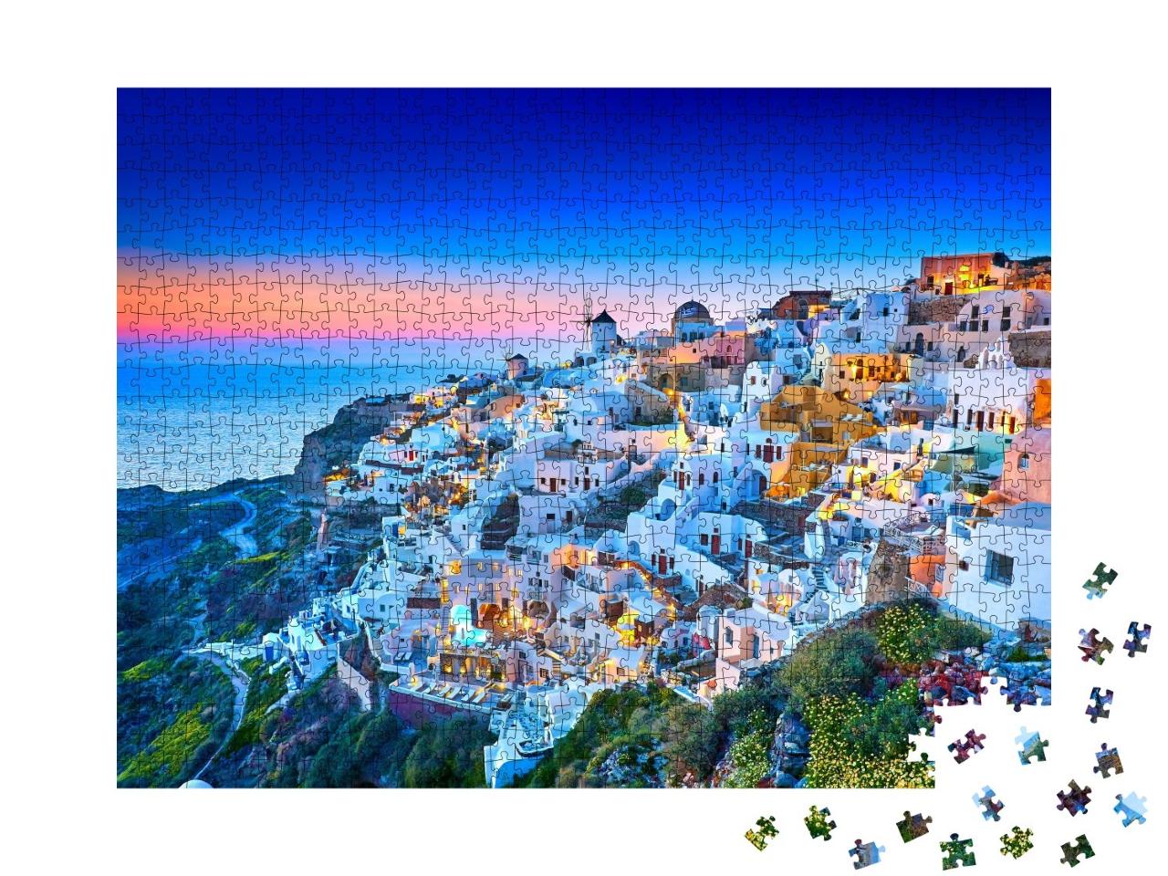 Puzzle de 1000 pièces « Église de Santorin avec coucher de soleil romantique, Grèce »