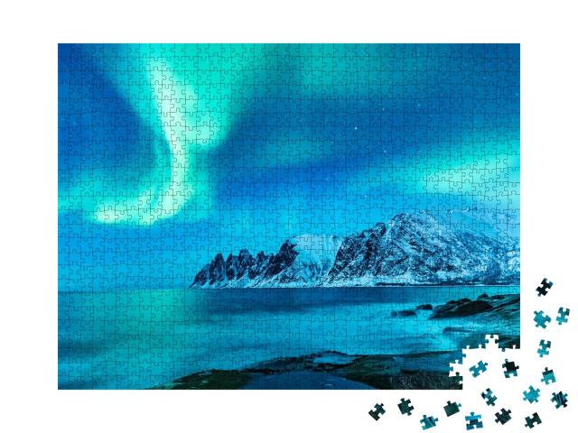 Puzzle de 1000 pièces « Aurores boréales vivantes pendant la nuit polaire dans les îles Lofoten, Norvège »