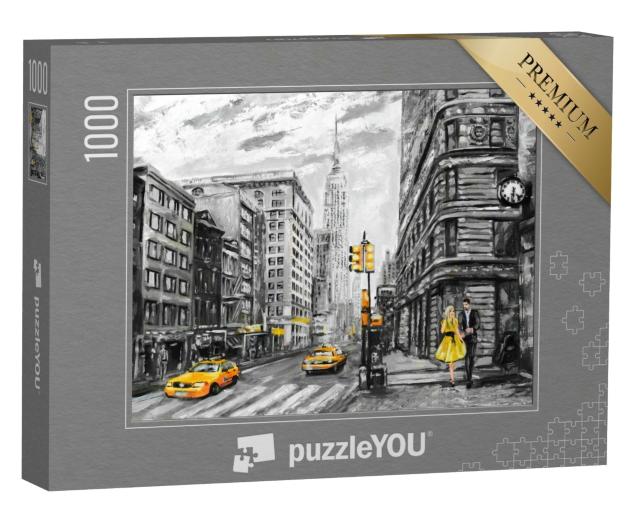 Puzzle de 1000 pièces « Homme, femme et taxi jaune : peinture à l'huile représentant une vue de rue de New York »