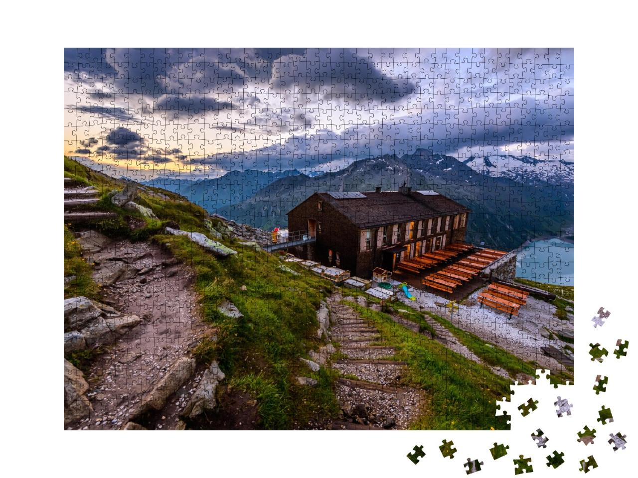 Puzzle de 1000 pièces « Le refuge Olperer au pied de l'Olperer, Alpes de Zillertal, Tyrol »