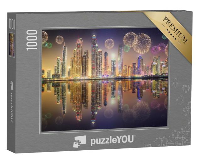 Puzzle de 1000 pièces « Panorama des gratte-ciel de la marina de Dubaï avec feux d'artifice »