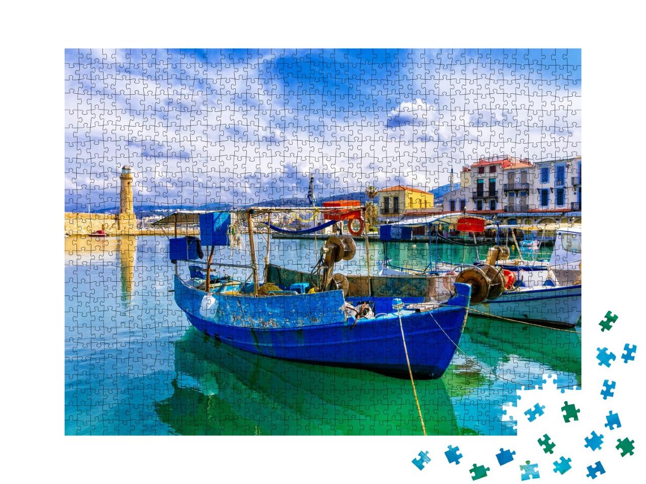 Puzzle de 1000 pièces « La Grèce colorée : Rethymnon avec son phare et ses bateaux, Crète »
