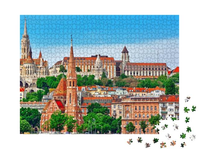 Puzzle de 1000 pièces « Église Saint-Mathias, Bastion des pêcheurs avec vue sur le Danube, Budapest, Hongrie »