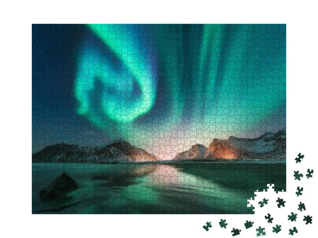 Puzzle de 1000 pièces « Aurores boréales sur les îles Lofoten avec ciel étoilé, Norvège »