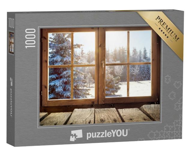 Puzzle de 1000 pièces « Vue sur la forêt hivernale enneigée à travers une fenêtre de cabane »