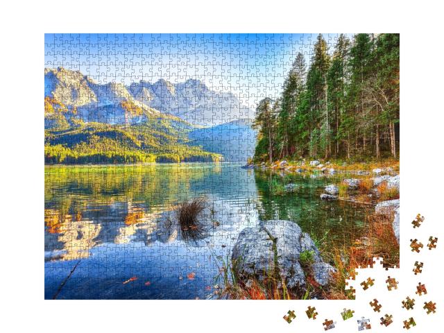 Puzzle de 1000 pièces « Eibsee devant le sommet de la Zugspitze dans la liste d'automne, Bavière, Allemagne »