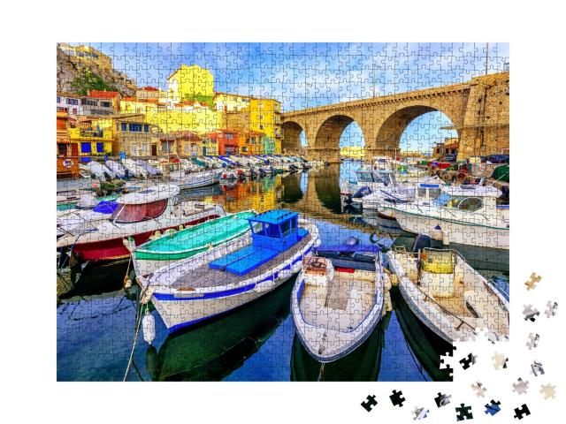 Puzzle de 1000 pièces « Petit port de pêche Vallon des Auffes avec des maisons traditionnelles pittoresques et des bateaux, Marseille »