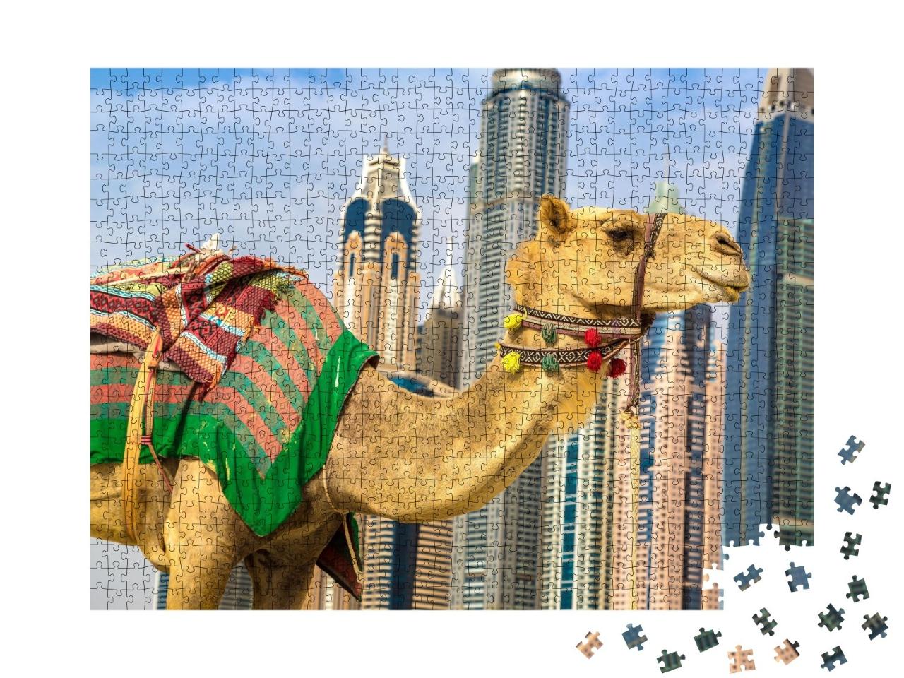 Puzzle de 1000 pièces « Chameau devant la marina de Dubaï, Émirats arabes unis »
