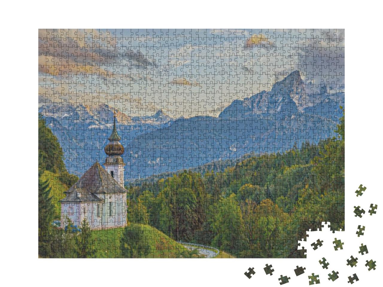 Puzzle de 1000 pièces « dans le style artistique de Claude Monet - Watzmann avec l'église Maria Gern »