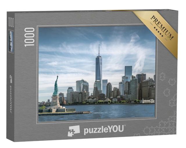 Puzzle de 1000 pièces « Statue de la Liberté, ligne d'horizon de Manhattan, One World Trade Center, New York City »