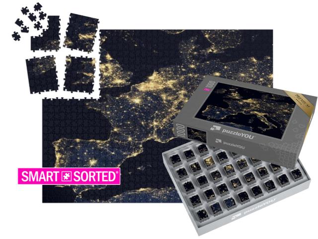 SMART SORTED® | Puzzle photo 1000 pièces « Lumières de la ville sur la carte du monde, Europe, NASA »