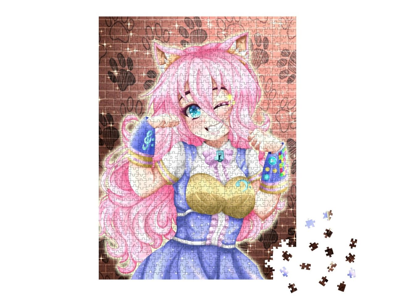 Puzzle de 1000 pièces « Anime : Neko fille aux cheveux roses »