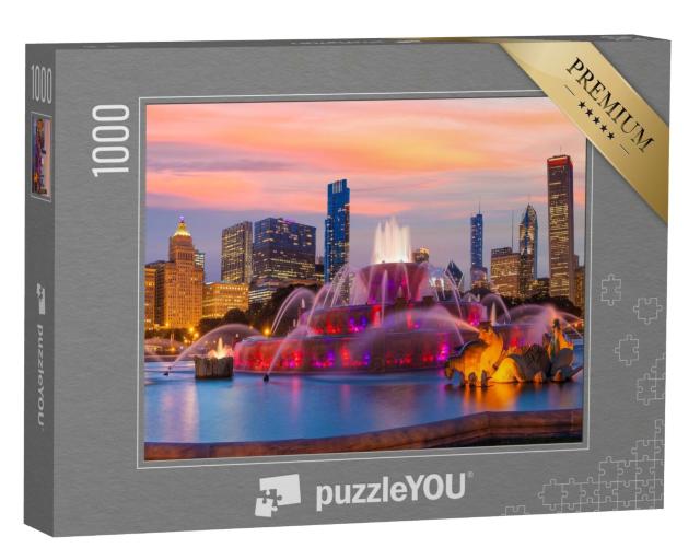 Puzzle de 1000 pièces « Panorama de la ligne d'horizon de Chicago avec les gratte-ciel et la fontaine de Buckingham »