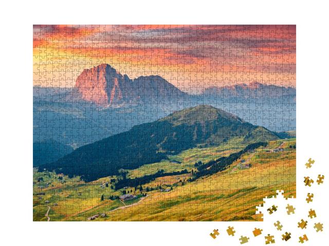Puzzle de 1000 pièces « Vue spectaculaire en automne sur le Langkofel et le Sellagruppe, Dolomites »