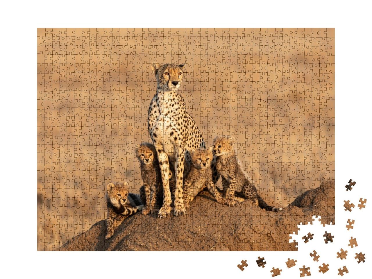 Puzzle de 1000 pièces « Guépard femelle avec quatre petits »