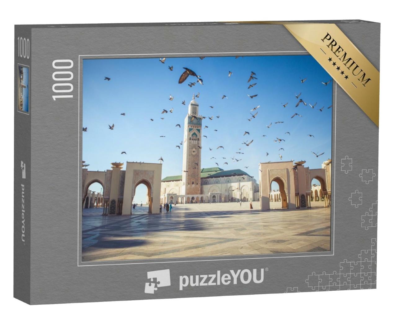 Puzzle de 1000 pièces « Pigeons au-dessus de la mosquée Hassan II à Casablanca, Maroc »