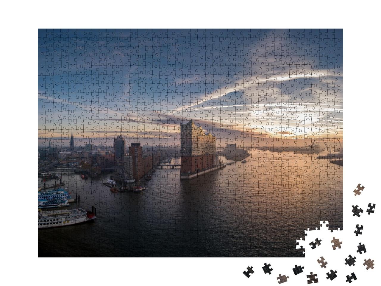 Puzzle de 1000 pièces « Port de Hambourg avec un beau lever de soleil »