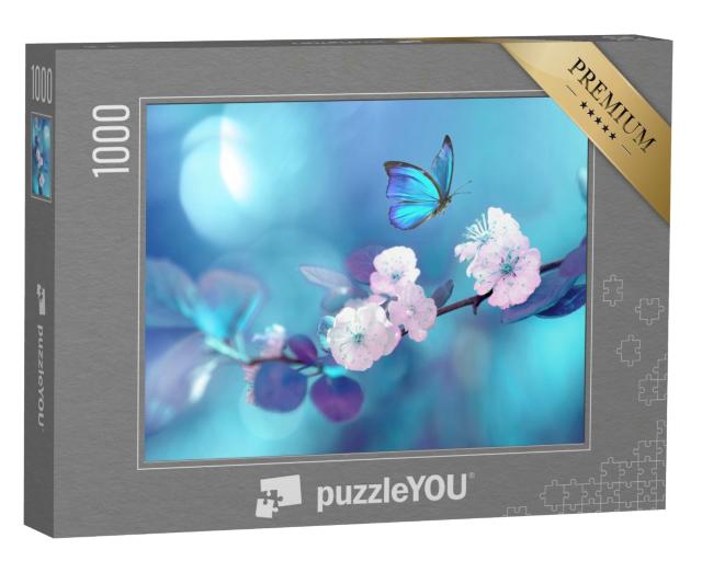 Puzzle de 1000 pièces « Papillon bleu en vol au-dessus d'une branche d'abricotier en fleurs »
