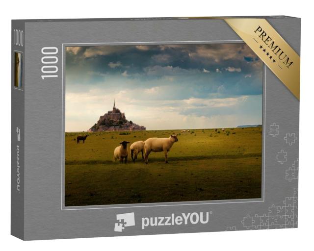 Puzzle de 1000 pièces « Moutons dans une ferme en Normandie, France, avec le Mont Saint Michel en arrière-plan »