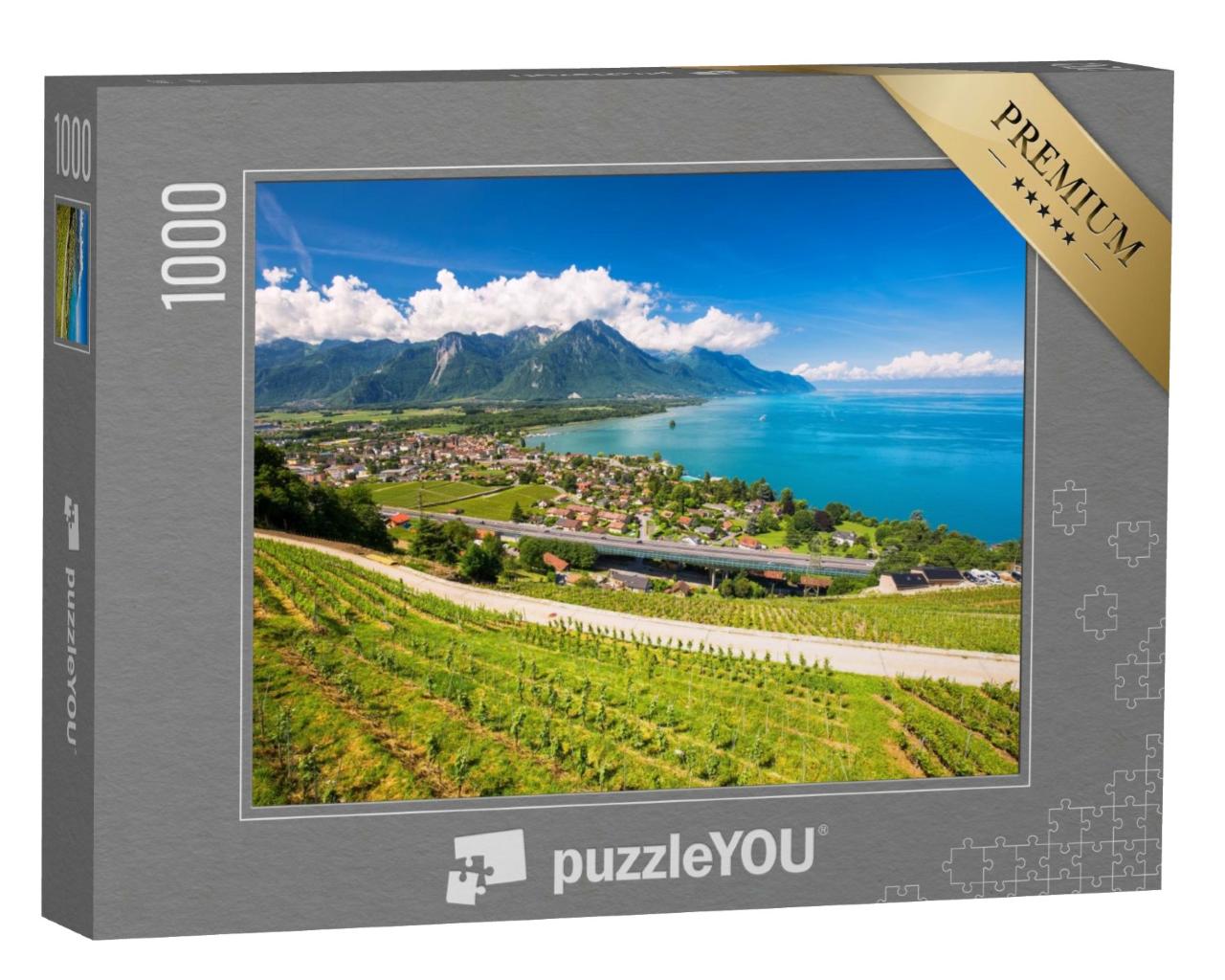 Puzzle de 1000 pièces « Vue sur Villeneuve avec les Alpes suisses, le lac Léman et les vignobles »