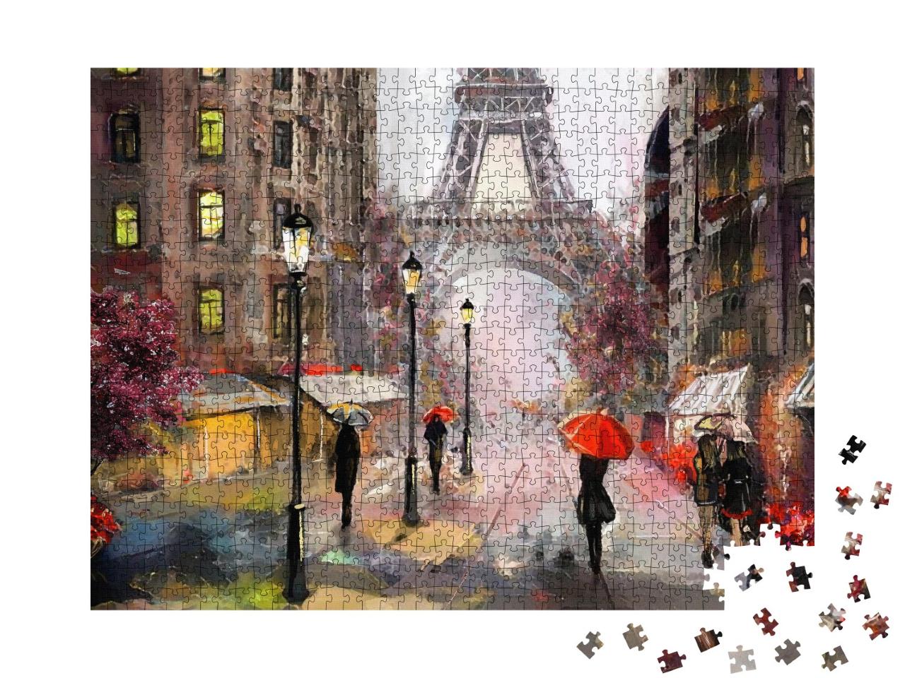 Puzzle de 1000 pièces « Peinture à l'huile représentant des rues de Paris : la Tour Eiffel et des gens avec un parapluie »