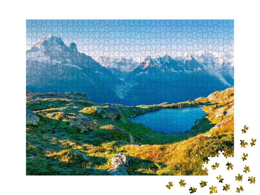 Puzzle de 1000 pièces « Vue d'été colorée du Lac Blanc avec le Mont Blanc »