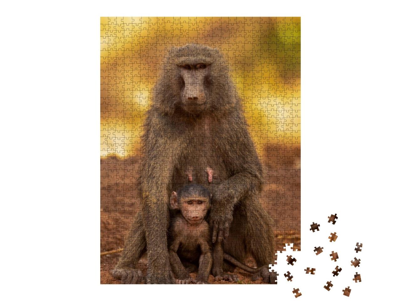 Puzzle de 1000 pièces « Portrait de famille et de comportement de babouins olivâtres, Parc national de la Pendjari, Bénin »