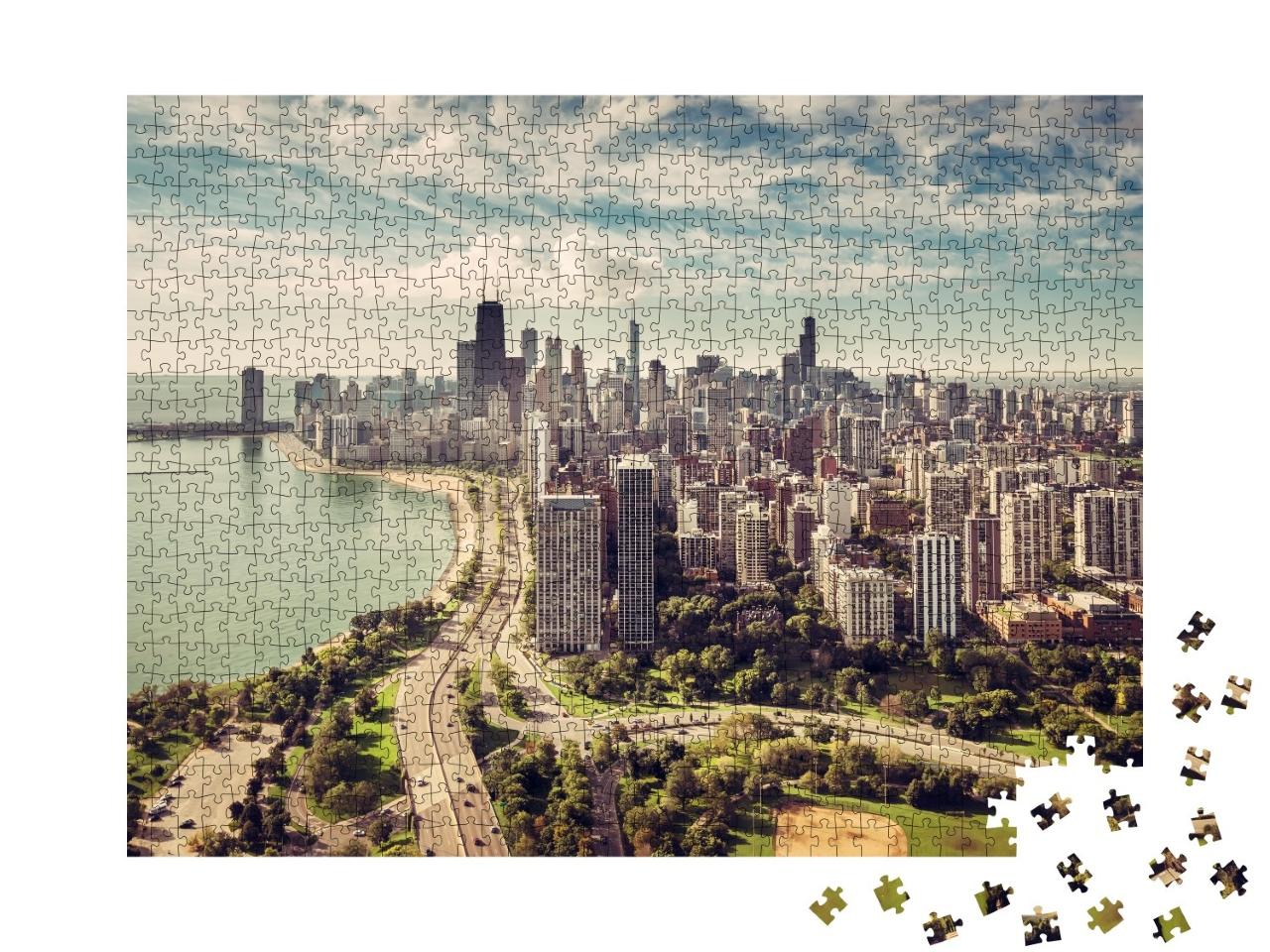 Puzzle de 1000 pièces « Chicago Skyline avec rue sur la plage vue du ciel »
