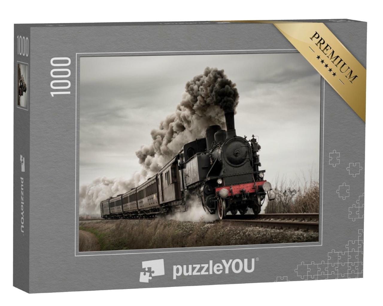 Puzzle de 1000 pièces « Train à vapeur oldtimer avec vieille locomotive et vieux wagons »