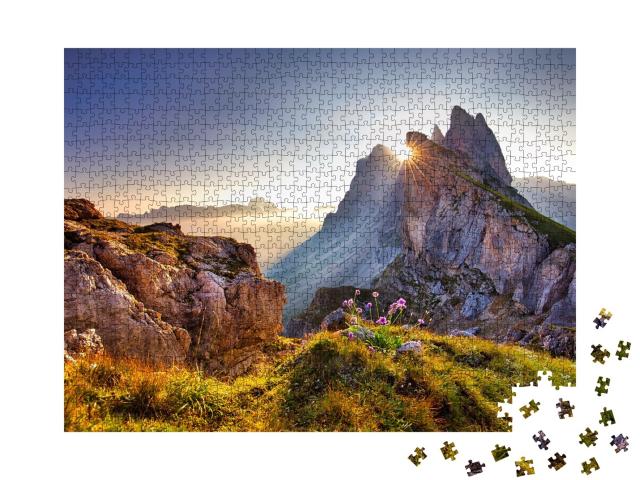 Puzzle de 1000 pièces « Vue sur le sommet de Seceda le matin, Dolomites, Tyrol du Sud »