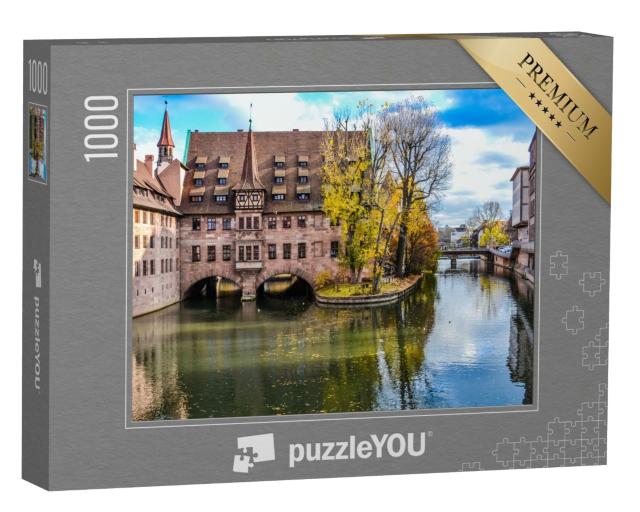 Puzzle de 1000 pièces « Bâtiment de l'hôpital du Saint-Esprit de Nuremberg surplombant la Pegnitz, Allemagne »