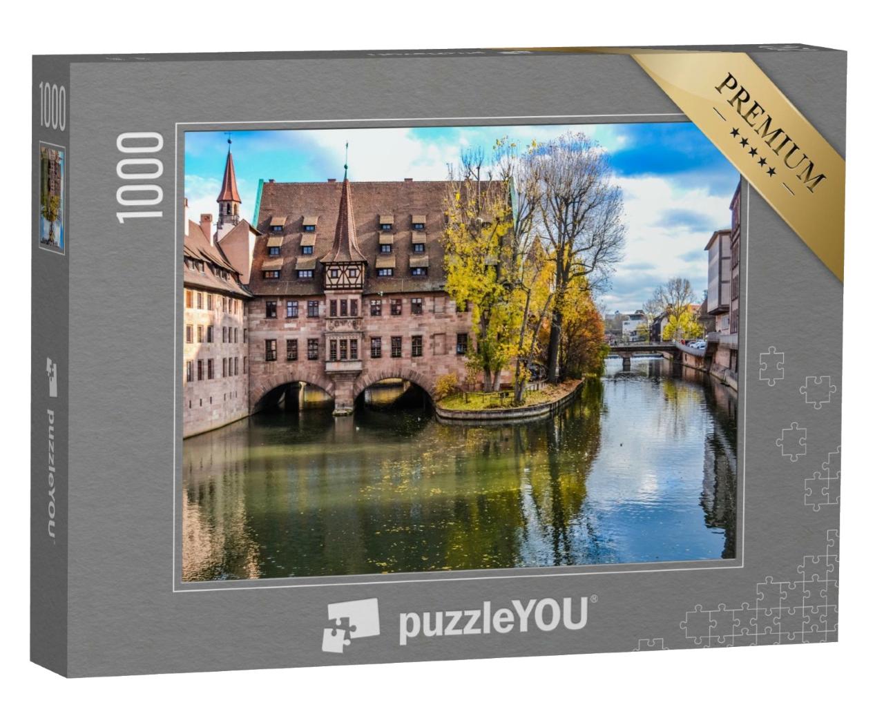 Puzzle de 1000 pièces « Bâtiment de l'hôpital du Saint-Esprit de Nuremberg surplombant la Pegnitz, Allemagne »