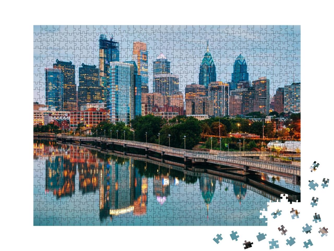 Puzzle de 1000 pièces « Skyline de Philadelphie de nuit avec la rivière Schuylkill »