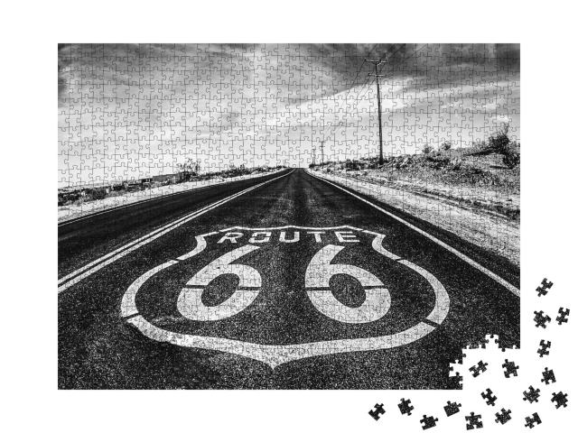 Puzzle de 1000 pièces « Route 66 : panneaux de signalisation au milieu du désert de Mojave, Californie »