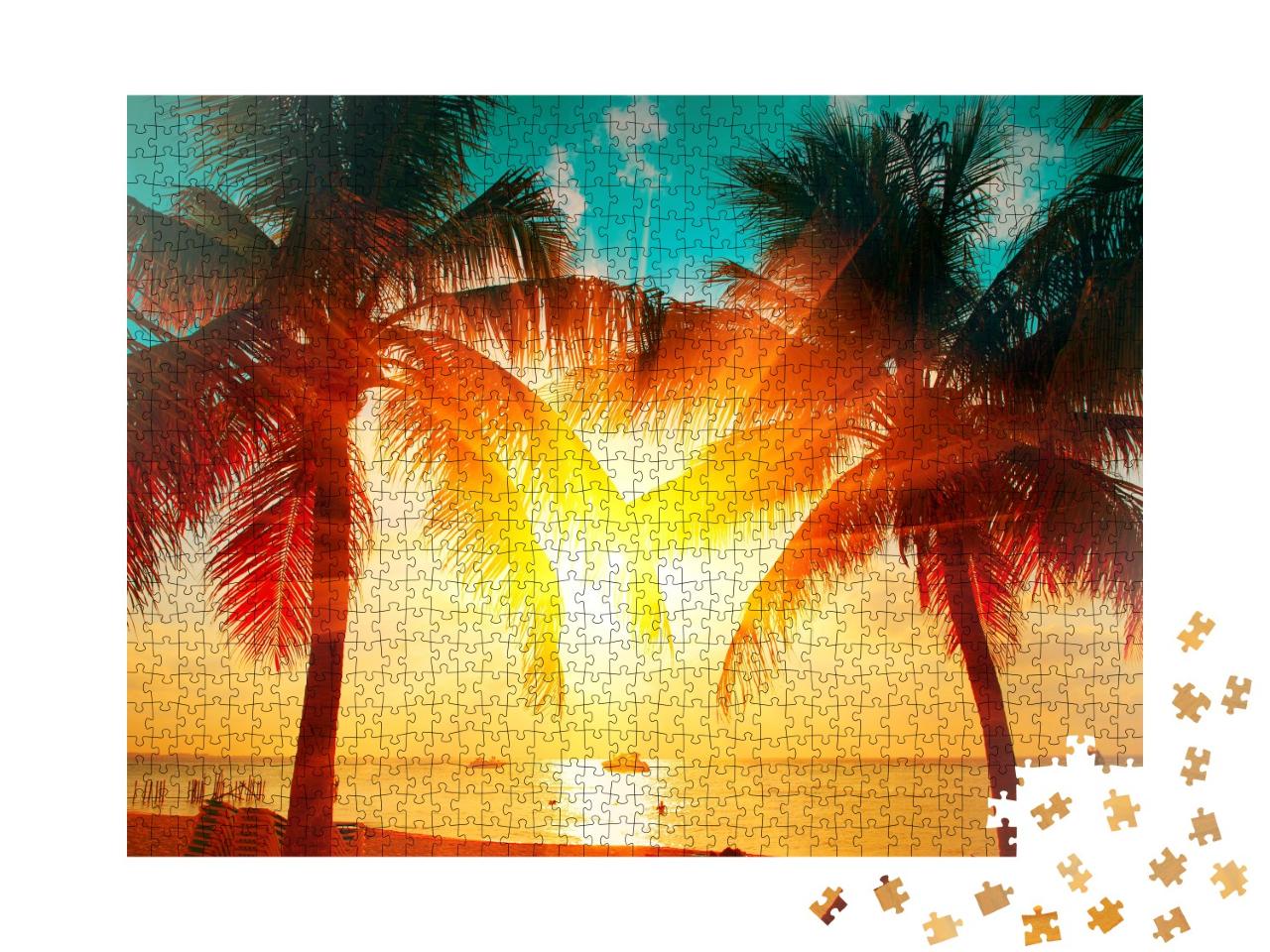 Puzzle de 1000 pièces « Coucher de soleil sur une plage de palmiers »