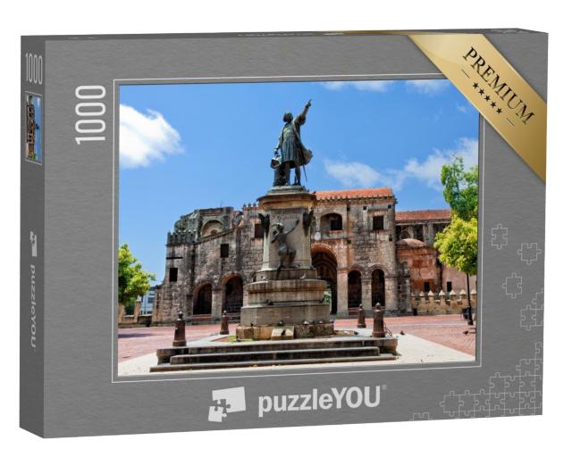 Puzzle de 1000 pièces « Statue de Christophe Colomb et cathédrale, Parque Colon, Saint-Domingue, Caraïbes »