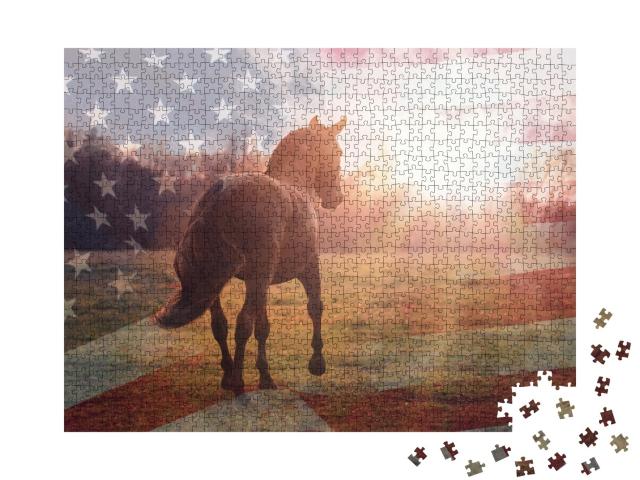 Puzzle de 1000 pièces « Portrait d'un cheval quarter américain avec le drapeau des États-Unis »