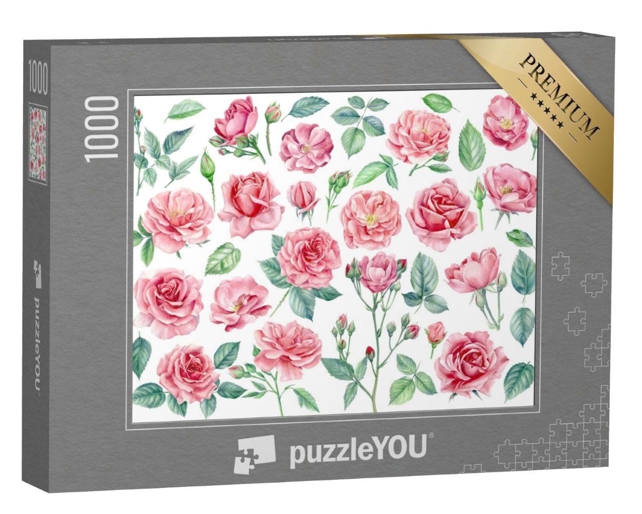 Puzzle de 1000 pièces « Boutons, fleurs et feuilles de roses roses »