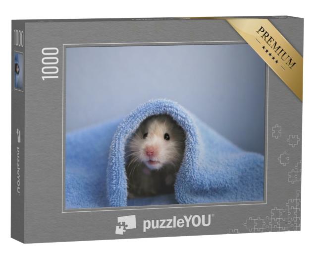 Puzzle de 1000 pièces « Un hamster dans une serviette bleue douillette »