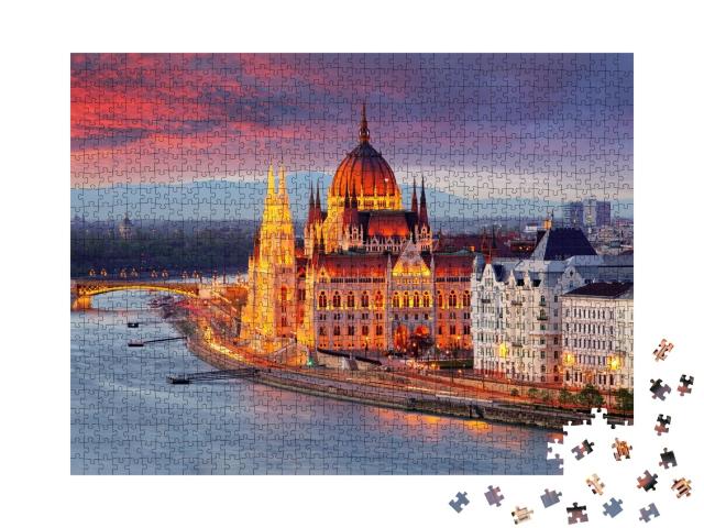 Puzzle de 1000 pièces « Parlement hongrois, Budapest au coucher du soleil »