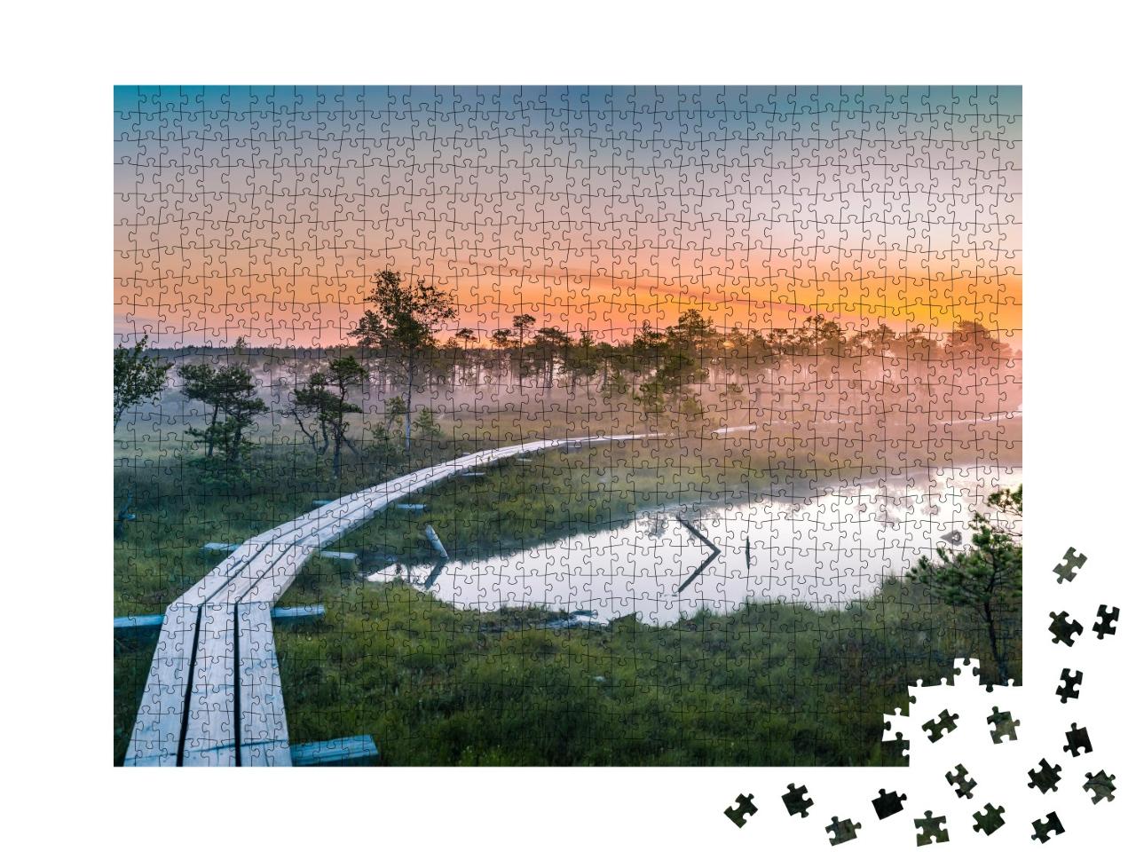 Puzzle de 1000 pièces « Lever de soleil sur un marais brumeux, Parc national de Kemeri, Lettonie »