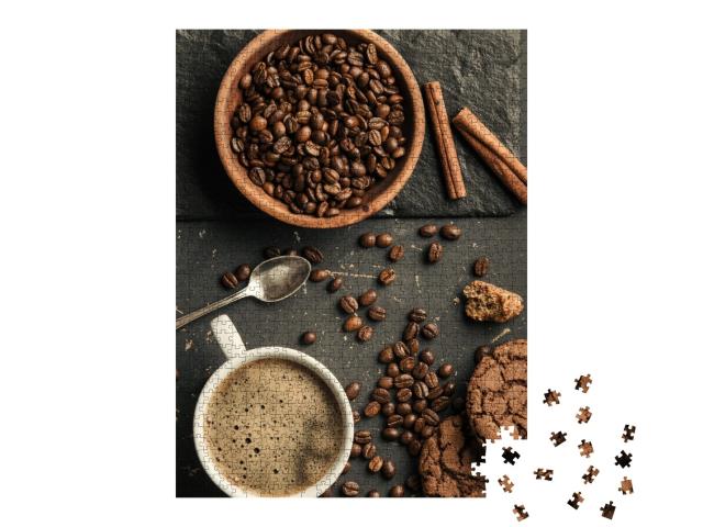 Puzzle de 1000 pièces « Ensemble de grains de café torréfiés, de café et de biscuits »
