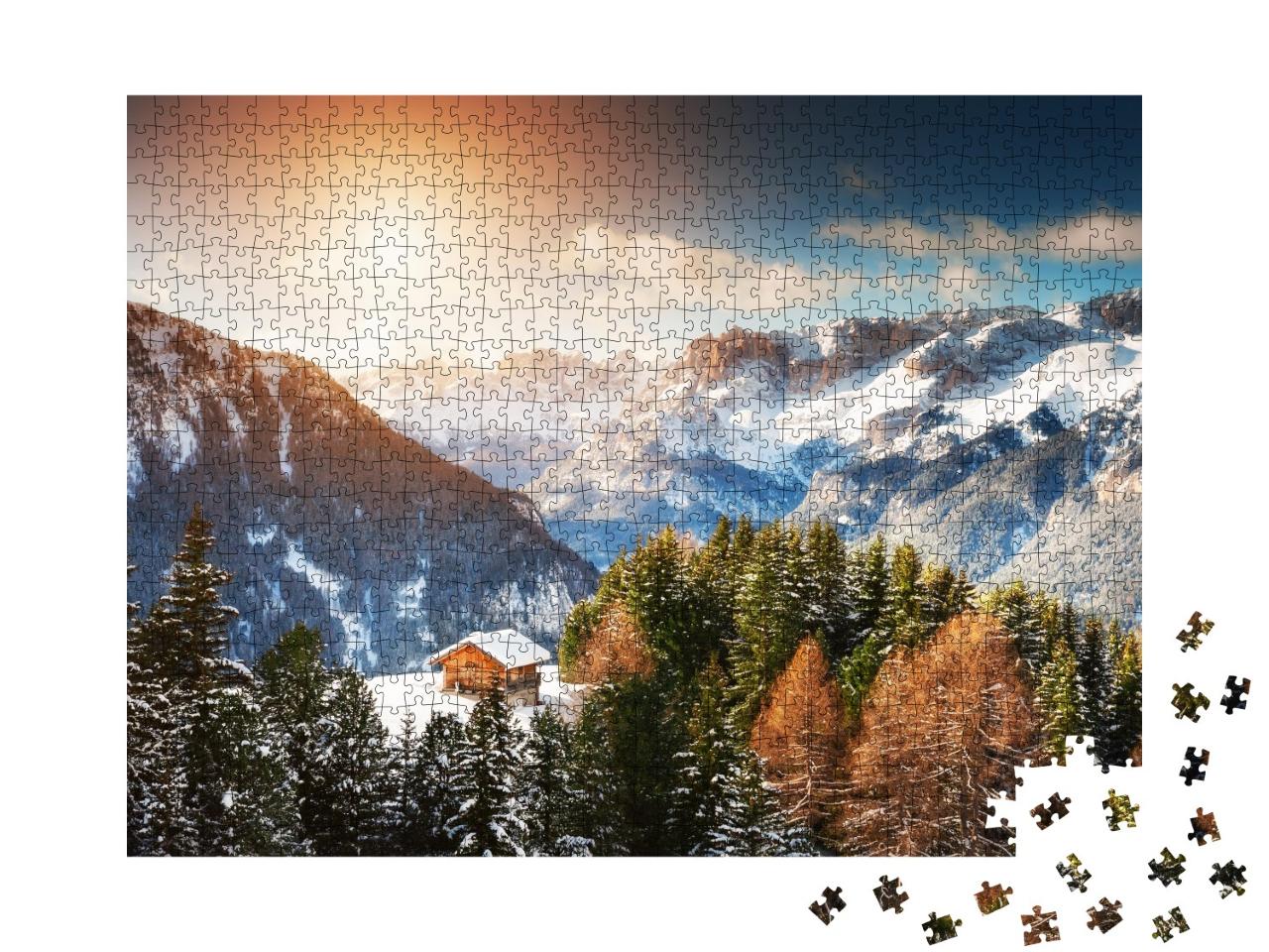 Puzzle de 1000 pièces « Maison en bois dans les montagnes hivernales »