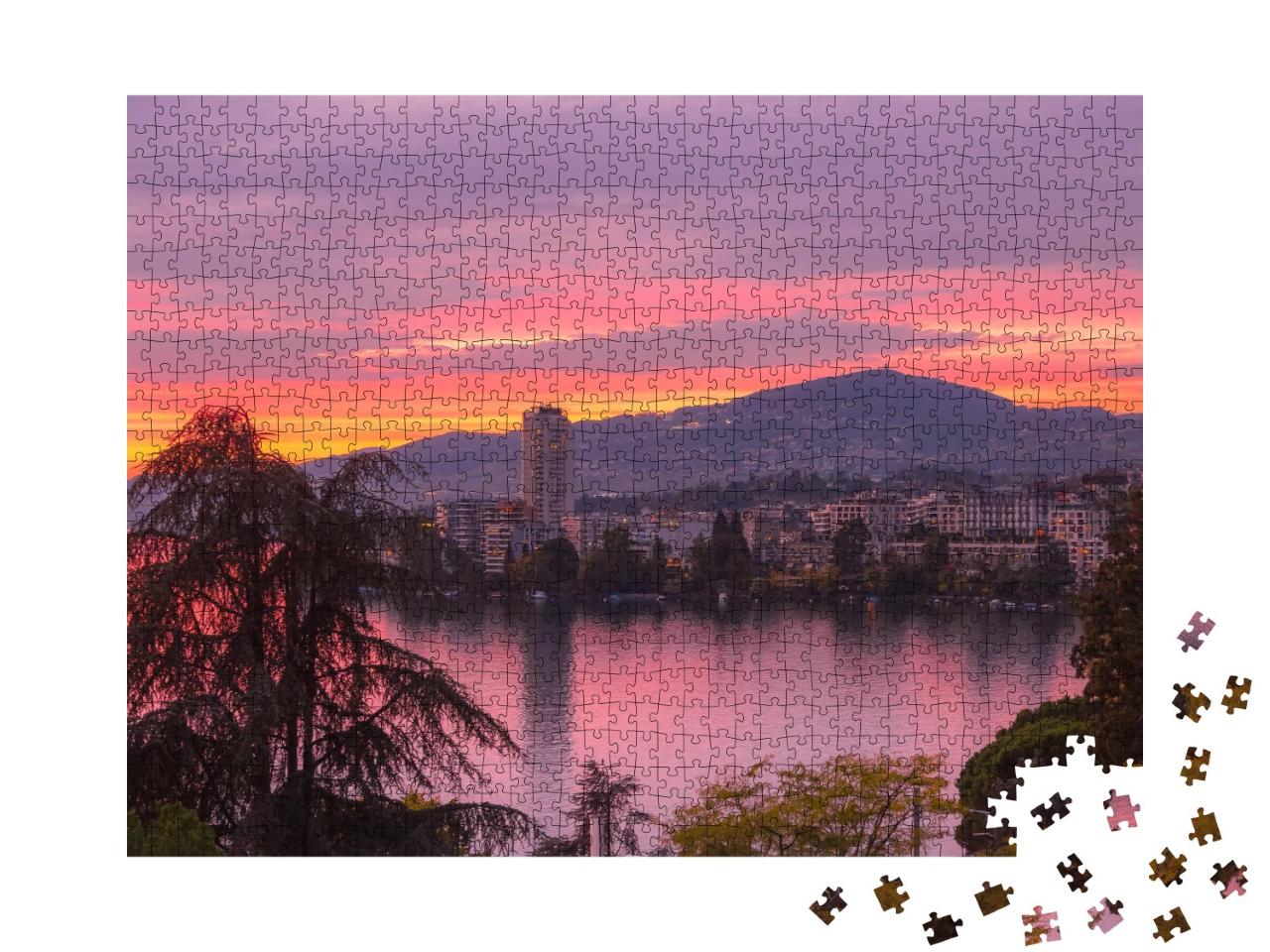 Puzzle de 1000 pièces « Coucher de soleil avec vue sur Montreux et le lac Léman, Suisse »