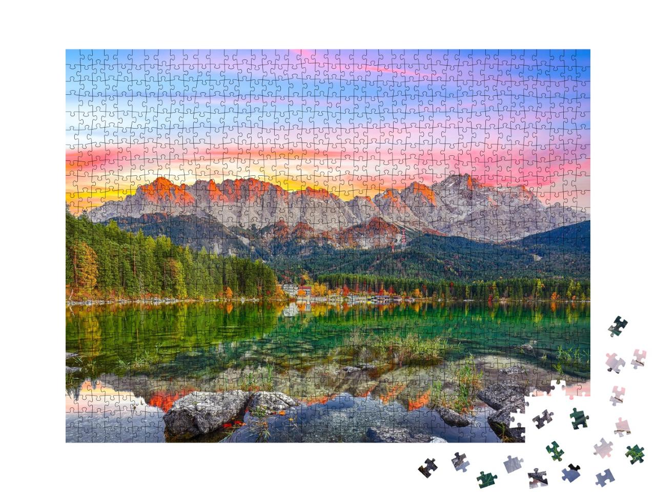 Puzzle de 1000 pièces « Paysage automnal de l'Eibsee devant le sommet de la Zugspitze au coucher du soleil »