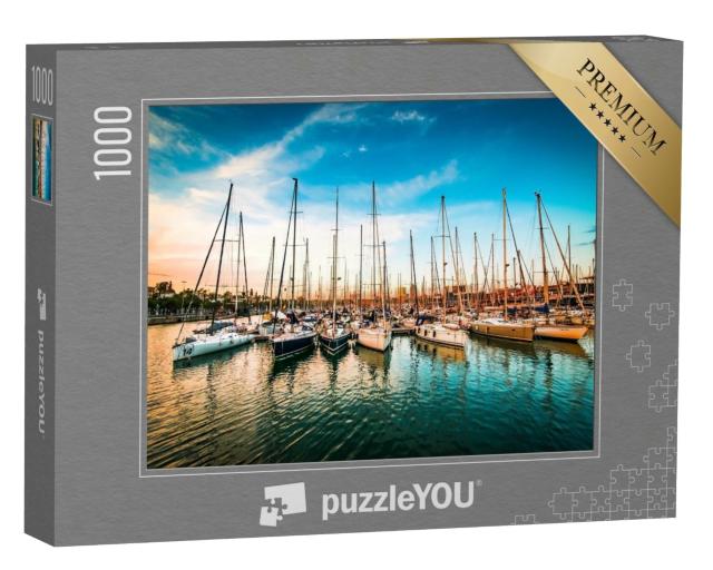Puzzle de 1000 pièces « Baie de mer avec yachts au coucher du soleil »