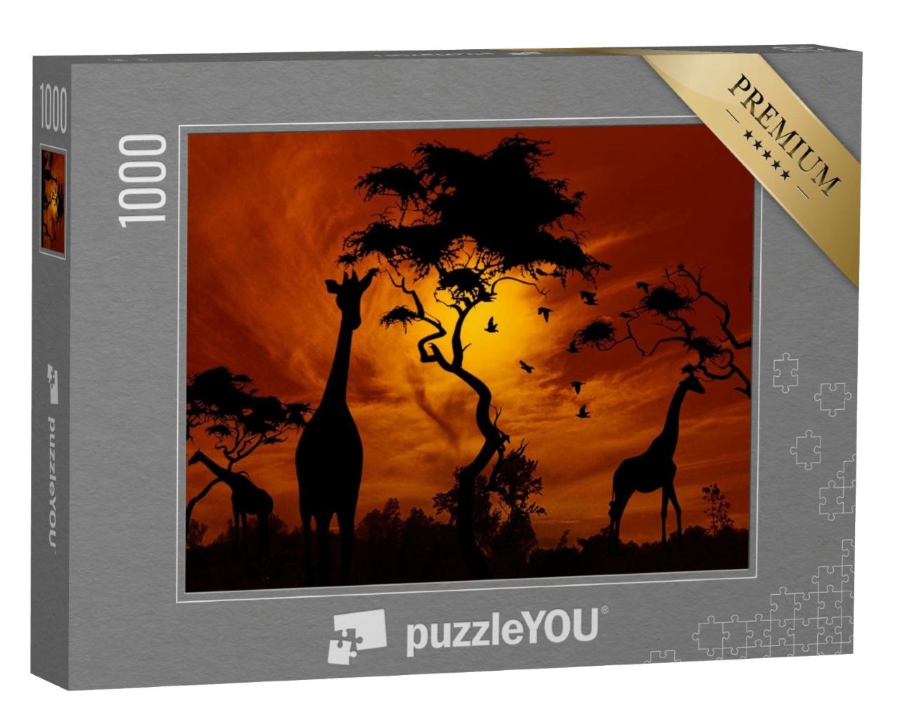 Puzzle de 1000 pièces « Girafes dans un coucher de soleil incandescent »