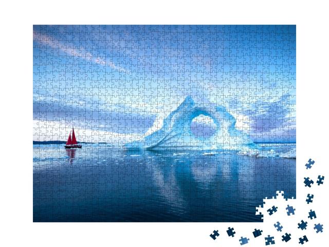 Puzzle de 1000 pièces « Voilier aux voiles rouges devant des icebergs massifs le soir, baie de Disko, Groenland »