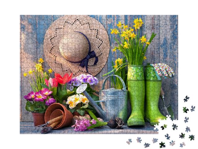 Puzzle de 1000 pièces « Outils de jardinage et fleurs sur la terrasse dans le jardin »