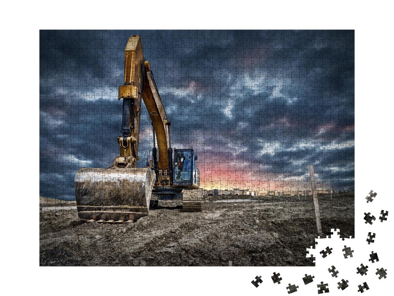 Puzzle de 1000 pièces « Machines de dragage sur un chantier au coucher du soleil »